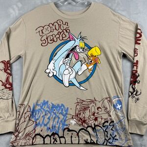 Tom and Jerry Graffiti Graphic Long Sleeve Shirt Tan Size Medium